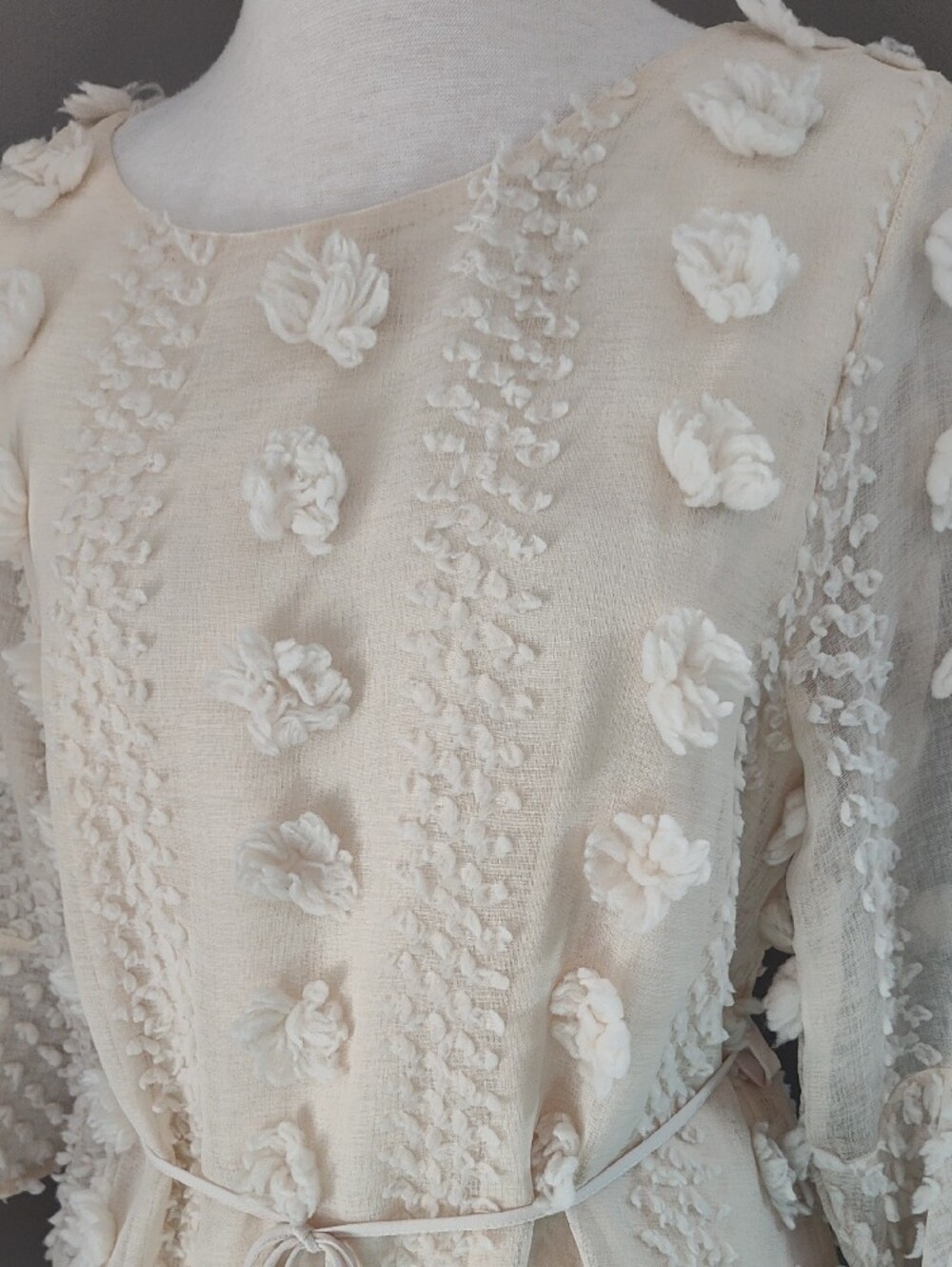 Entro Cream Textured Lined Mini Dress with Floral Appliqués And Bell Sleeves - Picture 3 of 16